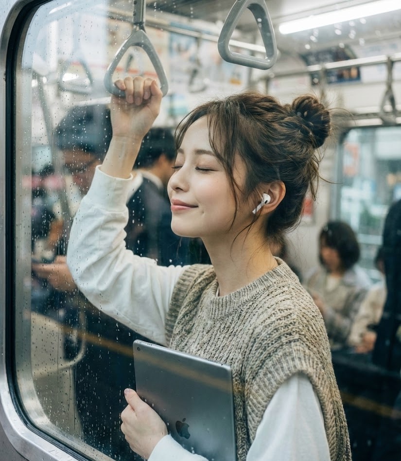 「嫌われる勇気」をオーディブル（聴く読書）を楽しむ女性