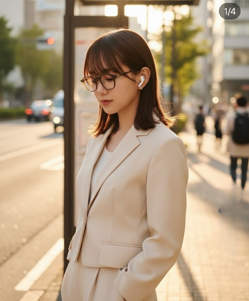 街中でオーディブルを聴きながらバスを待つ女性