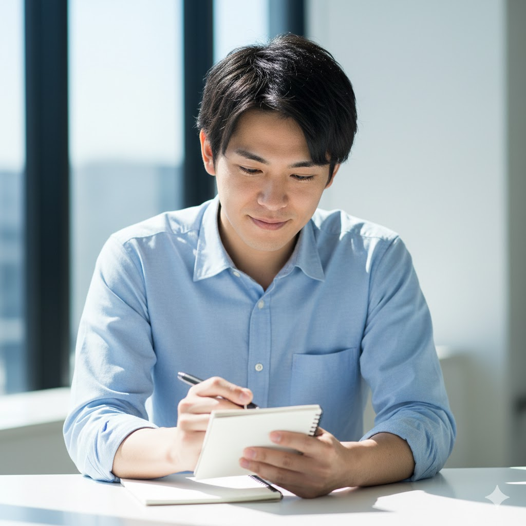 紙とペンを使うアナログ手法を実践している男性写真