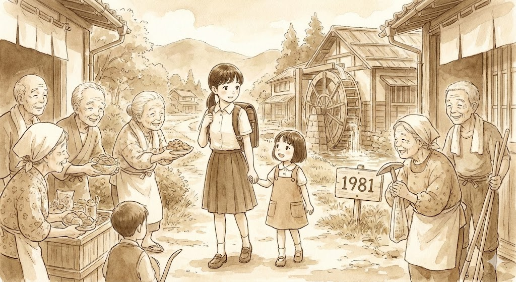 水車小屋のある町にたどり着いた18歳と8歳の姉妹を、町の人々が温かく出迎えているセピア調の水彩画風イラスト