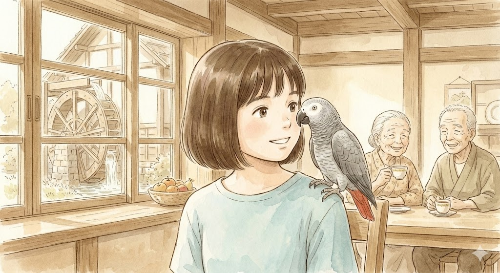 水車小屋が見える部屋の中で、賢い鳥・ヨウムの「ネネ」を肩に乗せて微笑む女の子と、後ろで穏やかにお茶を飲む人々のイラスト