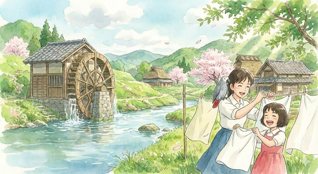 豊かな自然と水車小屋を背景に、姉妹とヨウムのネネが川辺で楽しそうに洗濯物を干している、ジブリ作品のような心地よい風景のイラスト