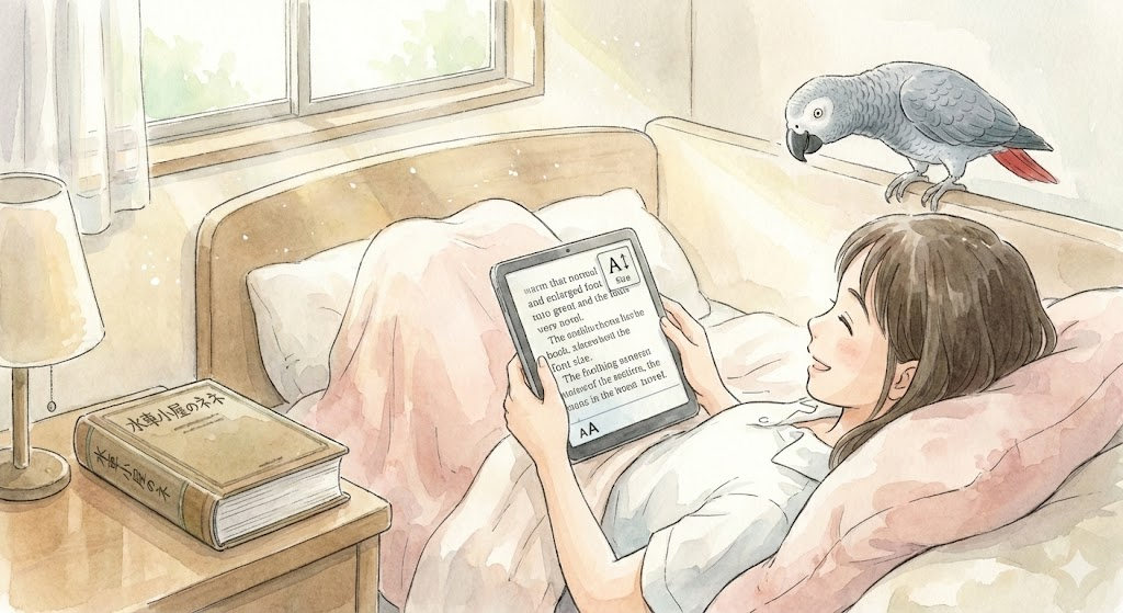分厚い単行本『水車小屋のネネ』を脇に置き、ベッドでリラックスしながらタブレットで電子書籍を手軽に読んでいる女性のイラスト。ヨウムのネネも一緒に画面を覗き込んでおり、画面には文字の大きさを変更するアイコンが表示されている。