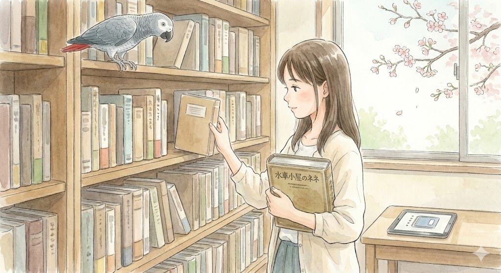 桜が咲く窓辺の本棚の前で、『水車小屋のネネ』の単行本を抱えながら別の本を手に取る女性のイラスト。棚の上からヨウムのネネが見守り、傍らの机には電子書籍用のタブレットが置かれている。文庫本を待つか、今すぐ読むか、自分に合った読書スタイルを選ぶ様子を表現している。