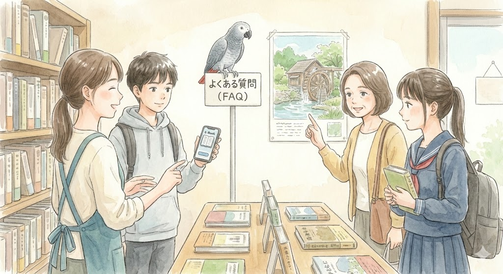 書店のFAQコーナーで、『水車小屋のネネ』に関する質問に書店員が答えている様子のイラスト。ヨウムのネネが看板に止まり、様々な年代の読者が相談している。