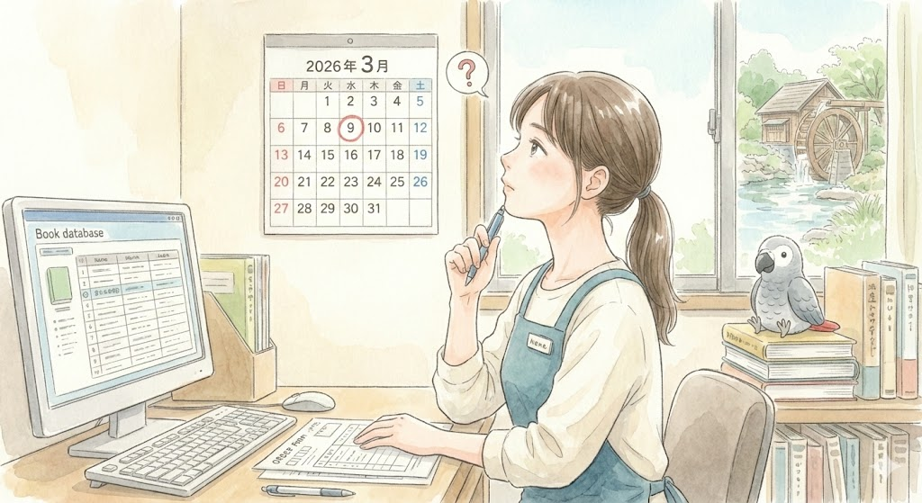 パソコンの前で2026年3月のカレンダーを見上げ、『水車小屋のネネ』の文庫本発売日を思案している書店員のイラスト。横にはヨウムのネネが寄り添っている。