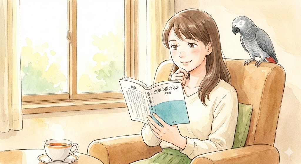 ソファに座って『水車小屋のネネ』の文庫本を開き、解説ページを読んでいる女性と、それに寄り添うヨウムのネネのイラスト。