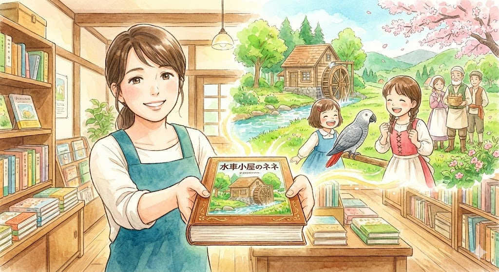 書店員が『水車小屋のネネ』の単行本を差し出すと、本から物語の世界(水車小屋、姉妹、ネネの姿)が溢れ出している様子を描いたイラスト。