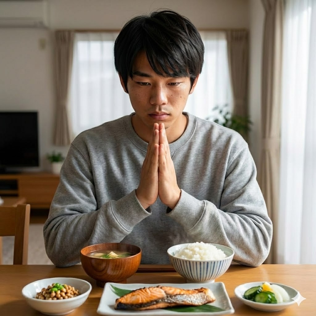 喜多川泰『いただきます』にでてくる主人公が、いただきますと手を合わせている様子